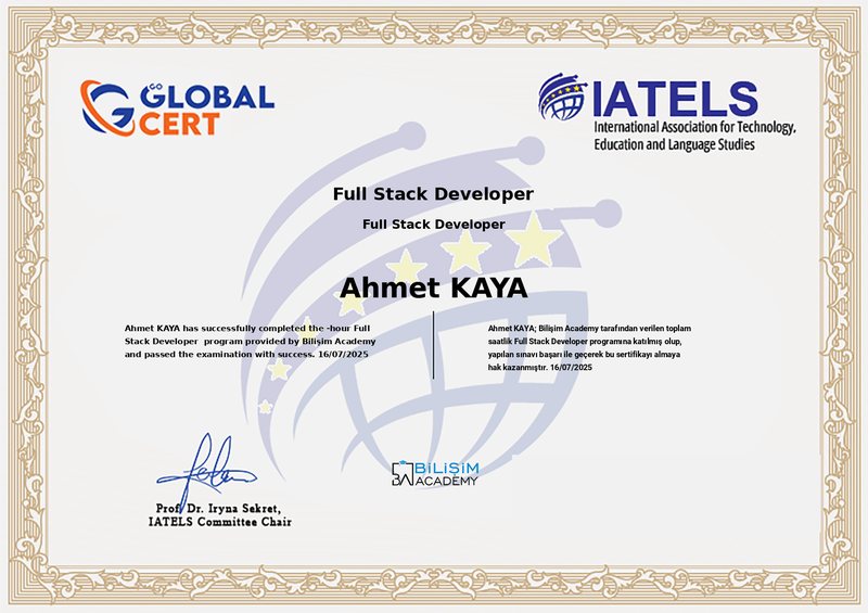 Ahmet Kaya Full Stack Developer sertifikası