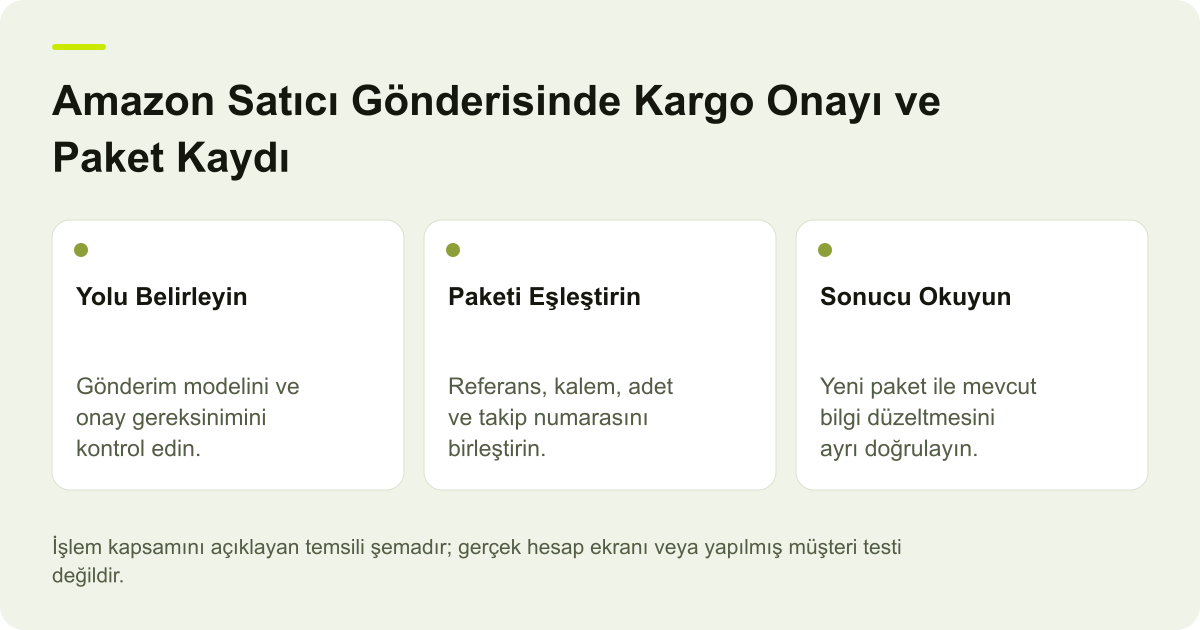 Amazon Satıcı Gönderisinde Kargo Onayı ve Paket Kaydı için işlem kapsamını gösteren açıklayıcı şema