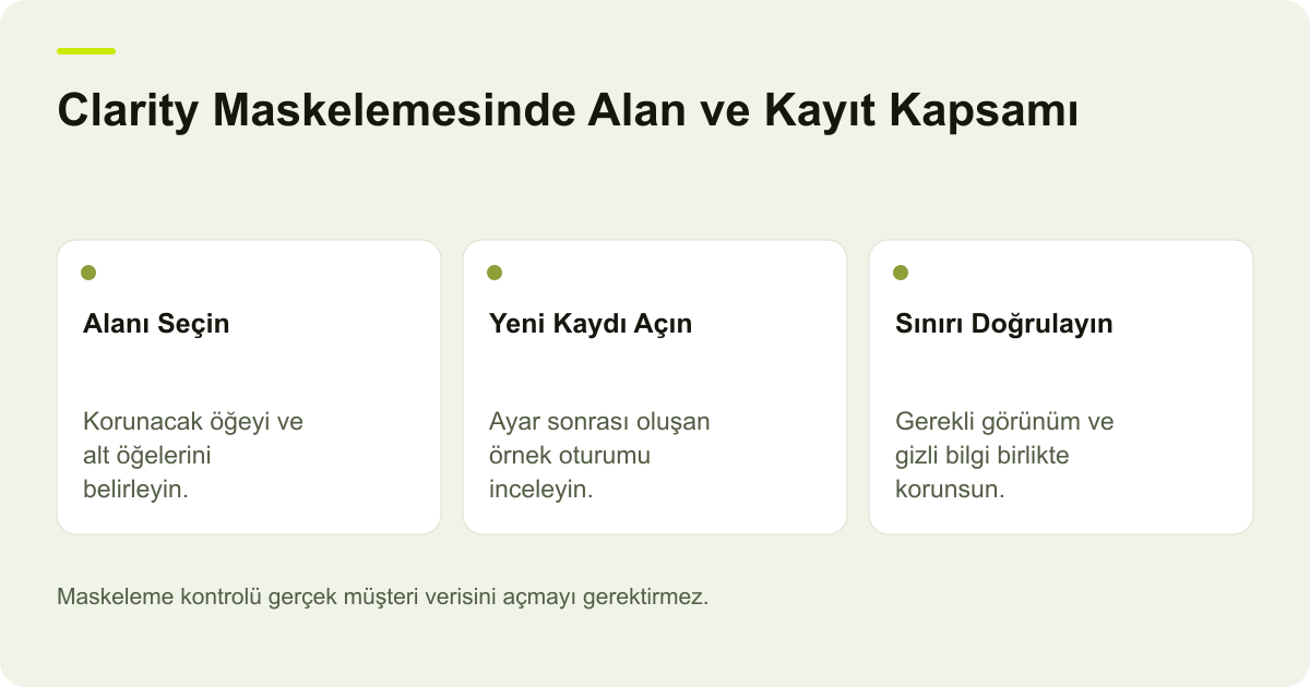 Microsoft Clarity Maskelemesinde Alan ve Kayıt Kapsamı konusunda incelenecek alanları gösteren özgün AdPix açıklayıcı çizimi.