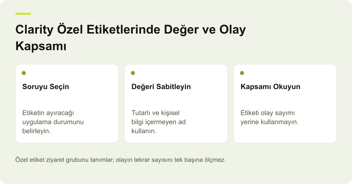 Microsoft Clarity Özel Etiketlerinde Değer ve Olay Kapsamı konusunda incelenecek alanları gösteren özgün AdPix açıklayıcı çizimi.