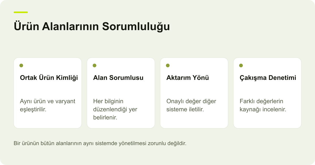 Ürün alanlarının sorumlu sisteme göre ayrıldığı, ortak ürün kimliğiyle ERP ve mağaza arasında eşleştirildiği kavramsal şema.