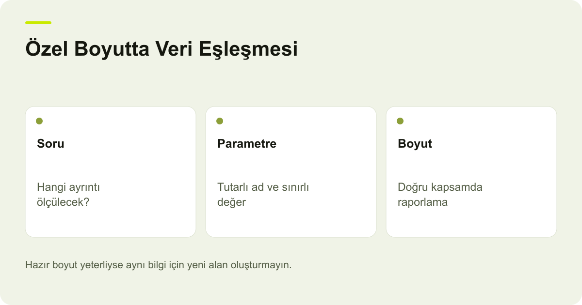 Özel Boyutta Veri Eşleşmesi: Soru: Hangi ayrıntı ölçülecek?, Parametre: Tutarlı ad ve sınırlı değer, Boyut: Doğru kapsamda raporlama