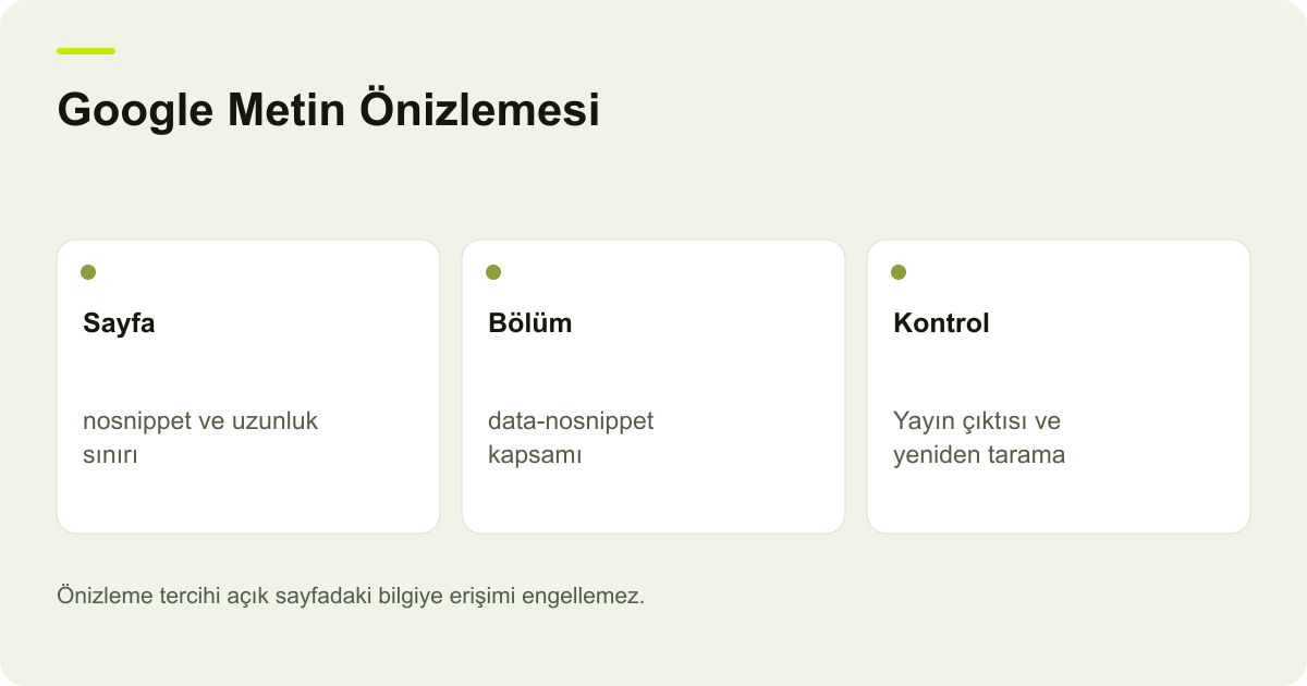 Google Metin Önizlemesi: Sayfa — nosnippet ve uzunluk sınırı; Bölüm — data-nosnippet kapsamı; Kontrol — Yayın çıktısı ve yeniden tarama