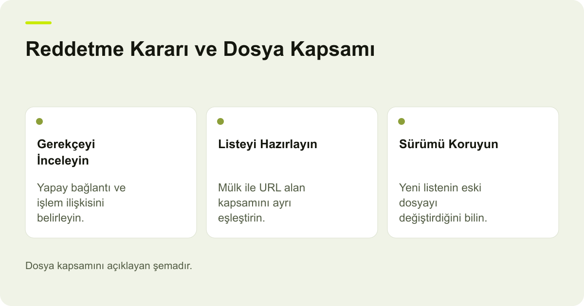 Google Bağlantı Reddetme Dosyasının Kullanım Koşulları konusunda kapsam ve kontrol adımlarını açıklayan şema.