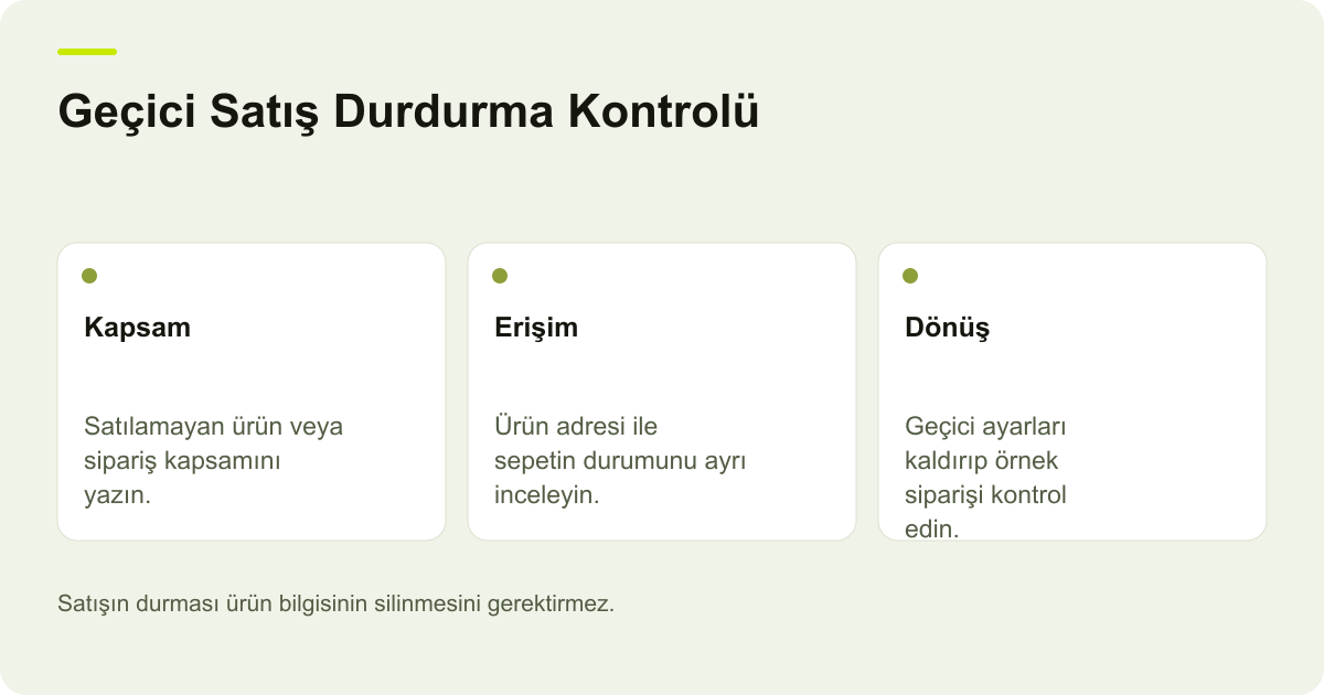Google İçin Mağazayı Geçici Durdururken Sepet ve Erişim için işlem sırasını ve kontrol noktalarını açıklayan şema.