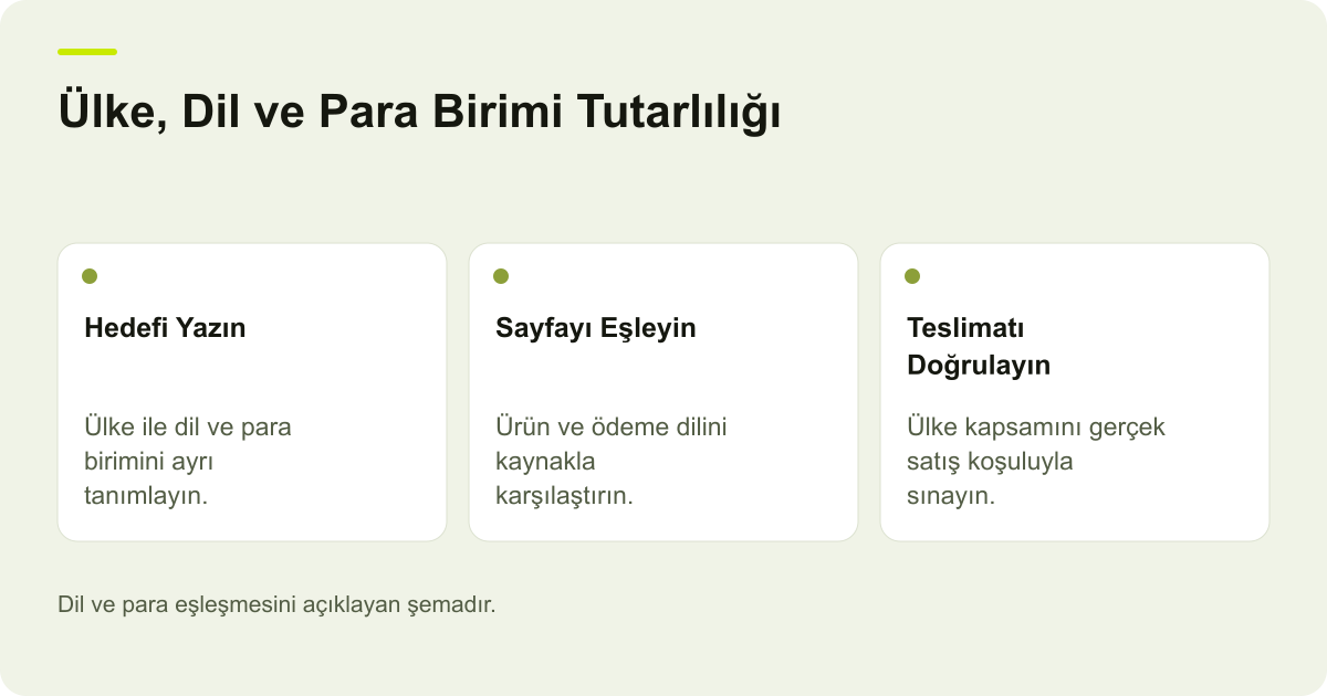 Google Merchant Center Dil ve Para Birimi Eşleşmesi konusunda kapsam ve kontrol adımlarını açıklayan şema.