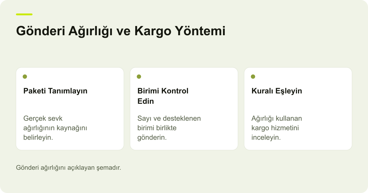 Google Merchant Center Gönderi Ağırlığının Kullanımı konusunda kapsam ve kontrol adımlarını açıklayan şema.