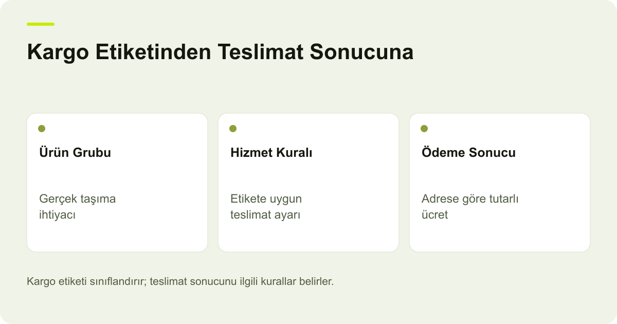 Kargo Etiketinden Teslimat Sonucuna: Ürün Grubu: Gerçek taşıma ihtiyacı, Hizmet Kuralı: Etikete uygun teslimat ayarı, Ödeme Sonucu: Adrese göre tutarlı ücret
