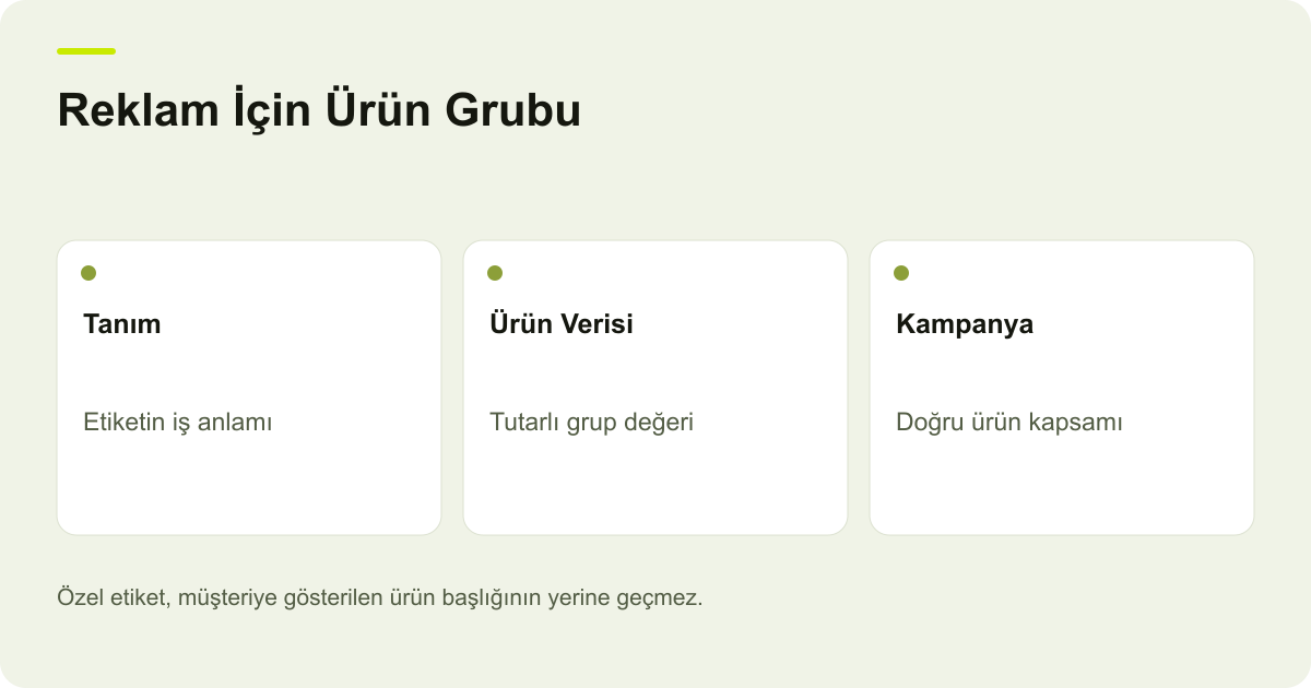 Reklam İçin Ürün Grubu: Tanım: Etiketin iş anlamı, Ürün Verisi: Tutarlı grup değeri, Kampanya: Doğru ürün kapsamı