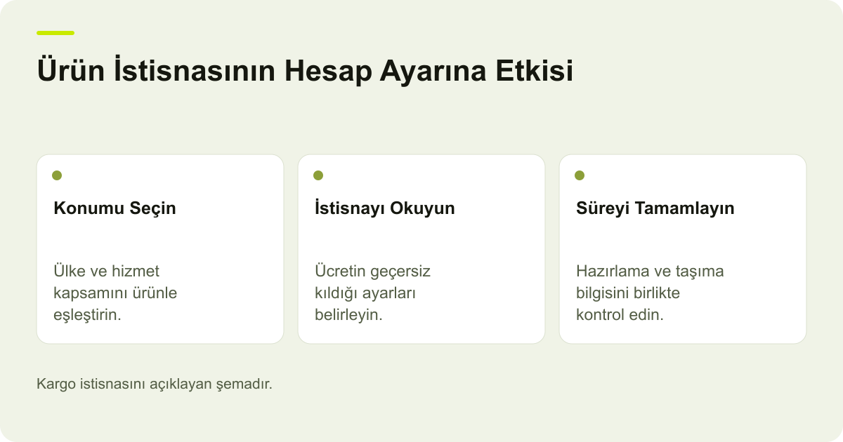 Google Merchant Center Ürüne Özel Shipping İstisnası konusunda kapsam ve kontrol adımlarını açıklayan şema.