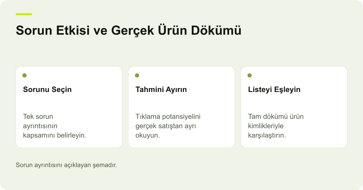 Google Merchant Center Sorun Ayrıntısında Etki ve Liste konusunda kapsam ve kontrol adımlarını açıklayan şema.