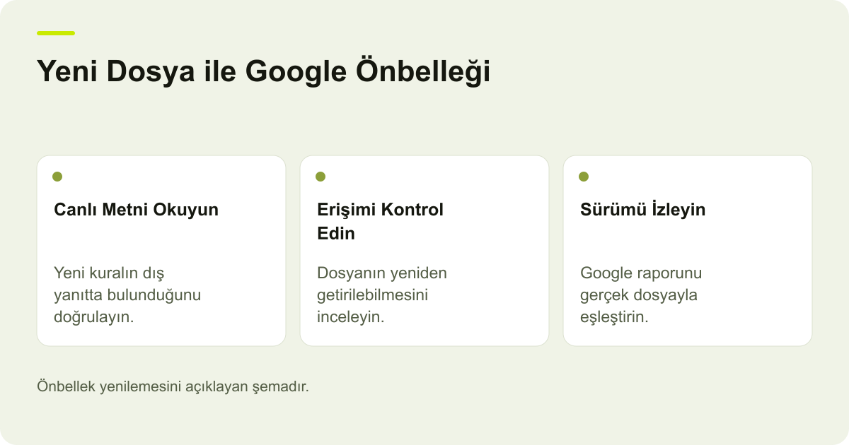 Google robots.txt Önbelleğinde Eski Kural Görünüyorsa konusunda kapsam ve kontrol adımlarını açıklayan şema.