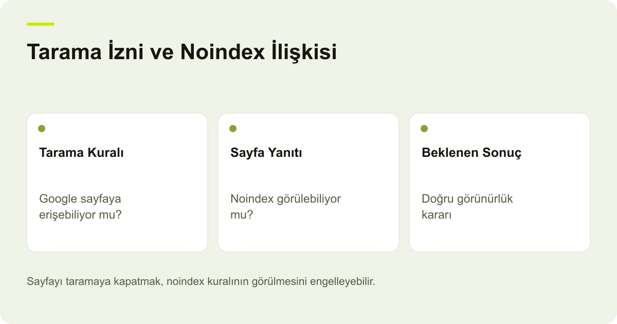 Tarama İzni ve Noindex İlişkisi: Tarama Kuralı: Google sayfaya erişebiliyor mu?, Sayfa Yanıtı: Noindex görülebiliyor mu?, Beklenen Sonuç: Doğru görünürlük kararı