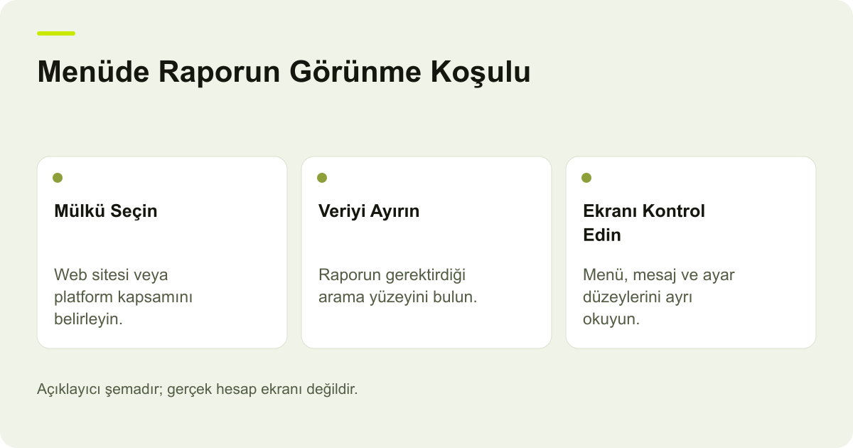 Google Search Console Menüsünde Rapor Neden Görünmez? konusunda kapsam ve kontrol adımlarını açıklayan şema.
