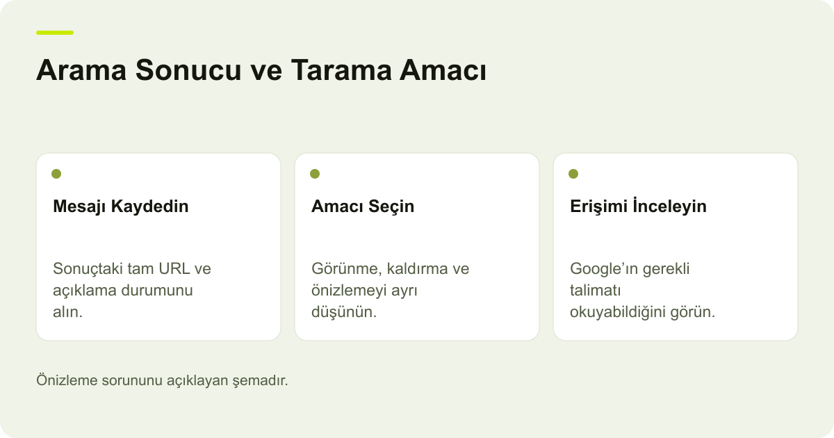 Google Sonucunda Sayfa Bilgisi Neden Görünmez? konusunda kapsam ve kontrol adımlarını açıklayan şema.