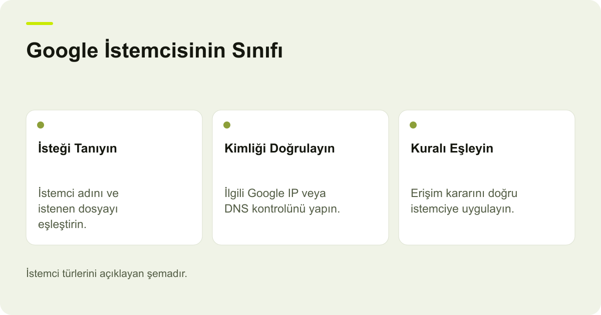 Google Tarayıcıları ve Kullanıcı İsteklerini Ayırmak konusunda kapsam ve kontrol adımlarını açıklayan şema.