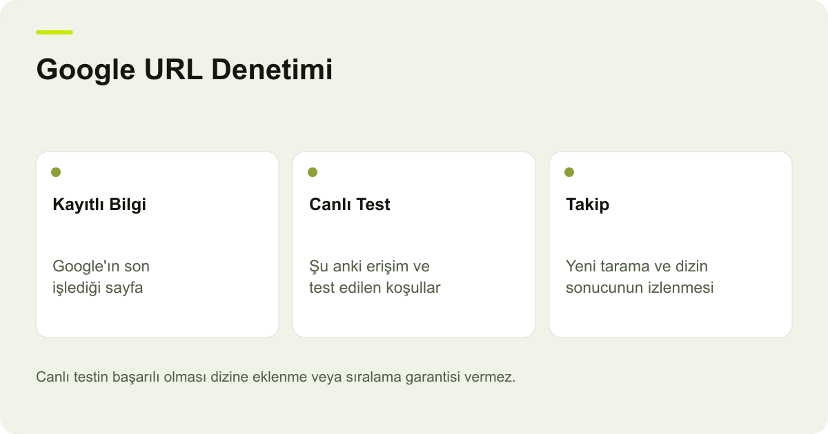Google URL Denetimi: Kayıtlı Bilgi — Google'ın son işlediği sayfa; Canlı Test — Şu anki erişim ve test edilen koşullar; Takip — Yeni tarama ve dizin sonucunun izlenmesi