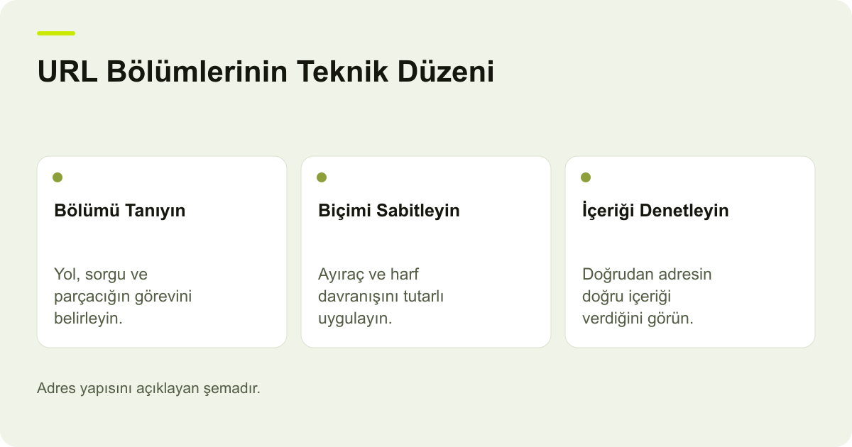 Google İçin URL Parametreleri ve Harf Duyarlılığı konusunda kapsam ve kontrol adımlarını açıklayan şema.