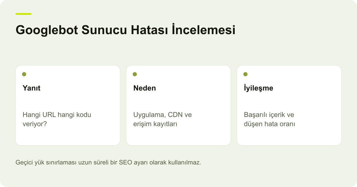 Googlebot Sunucu Hatası İncelemesi: Yanıt — Hangi URL hangi kodu veriyor?; Neden — Uygulama, CDN ve erişim kayıtları; İyileşme — Başarılı içerik ve düşen hata oranı