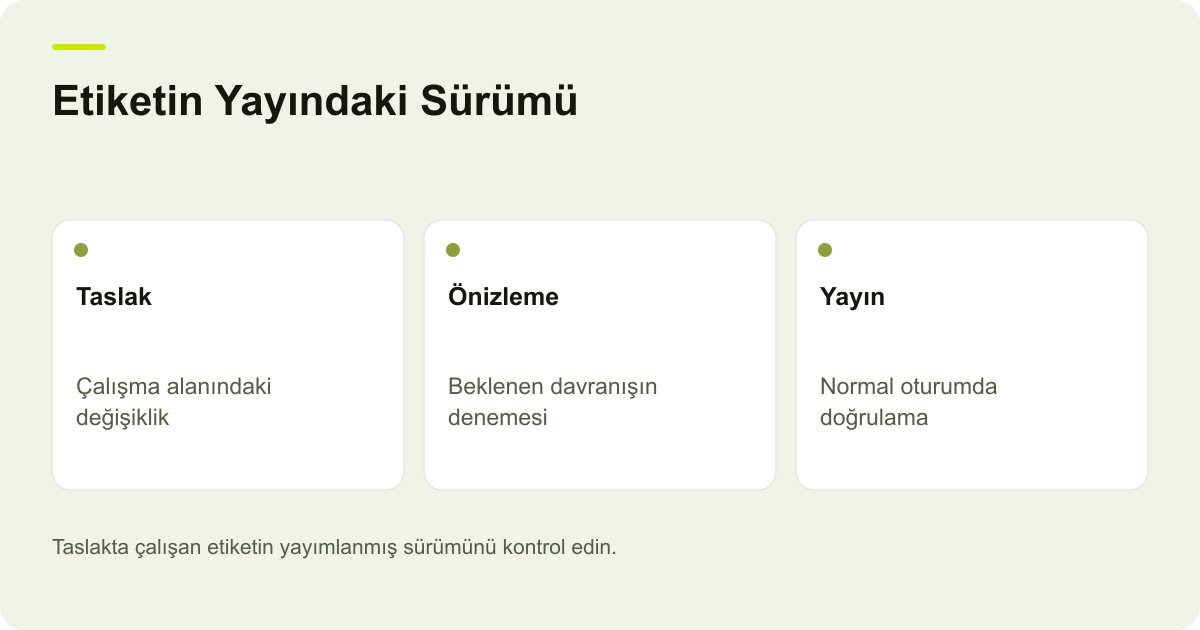 Etiketin Yayındaki Sürümü: Taslak: Çalışma alanındaki değişiklik, Önizleme: Beklenen davranışın denemesi, Yayın: Normal oturumda doğrulama