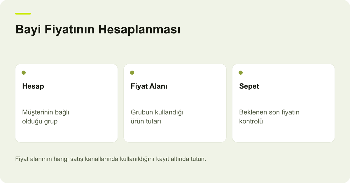 Bayi Fiyatının Hesaplanması: Hesap: Müşterinin bağlı olduğu grup, Fiyat Alanı: Grubun kullandığı ürün tutarı, Sepet: Beklenen son fiyatın kontrolü