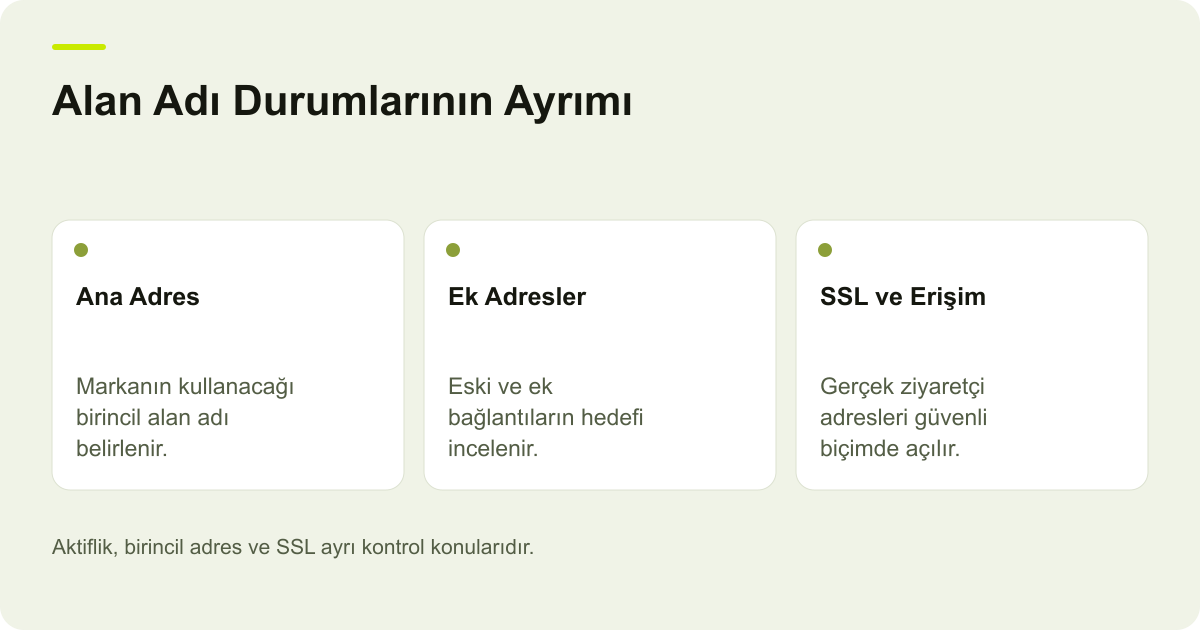 Alan Adı Durumlarının Ayrımı: Ana Adres: Markanın kullanacağı birincil alan adı belirlenir., Ek Adresler: Eski ve ek bağlantıların hedefi incelenir., SSL ve Erişim: Gerçek ziyaretçi adresleri güvenli biçimde açılır.