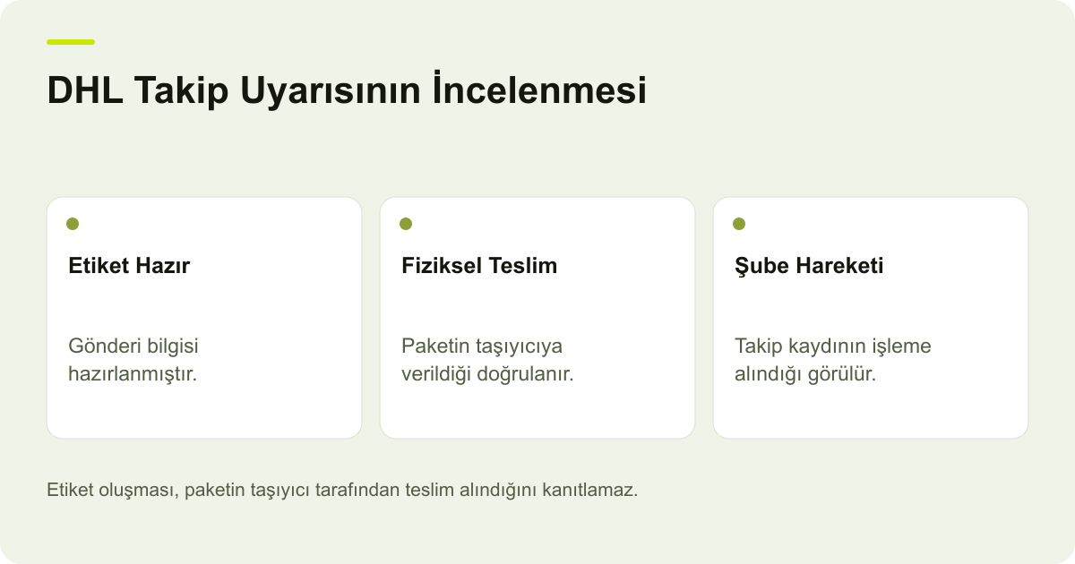 DHL Takip Uyarısının İncelenmesi: Etiket Hazır: Gönderi bilgisi hazırlanmıştır., Fiziksel Teslim: Paketin taşıyıcıya verildiği doğrulanır., Şube Hareketi: Takip kaydının işleme alındığı görülür.