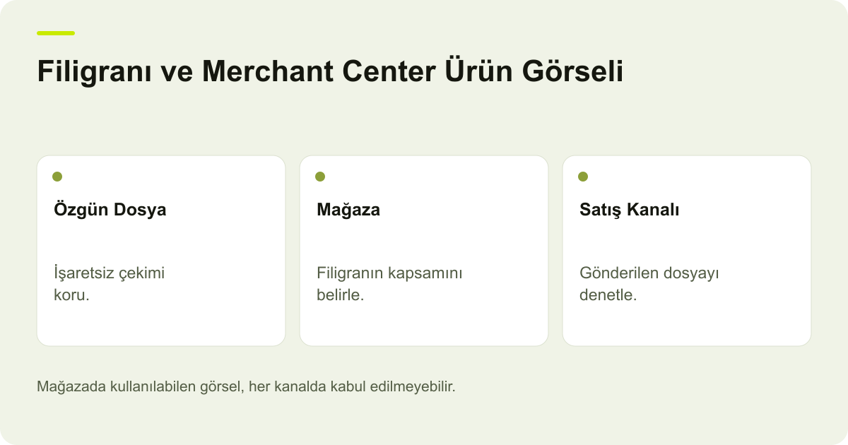 ideasoft Filigranı ve Merchant Center Ürün Görseli konusunda karar ve kayıt ilişkilerini gösteren açıklayıcı şema.