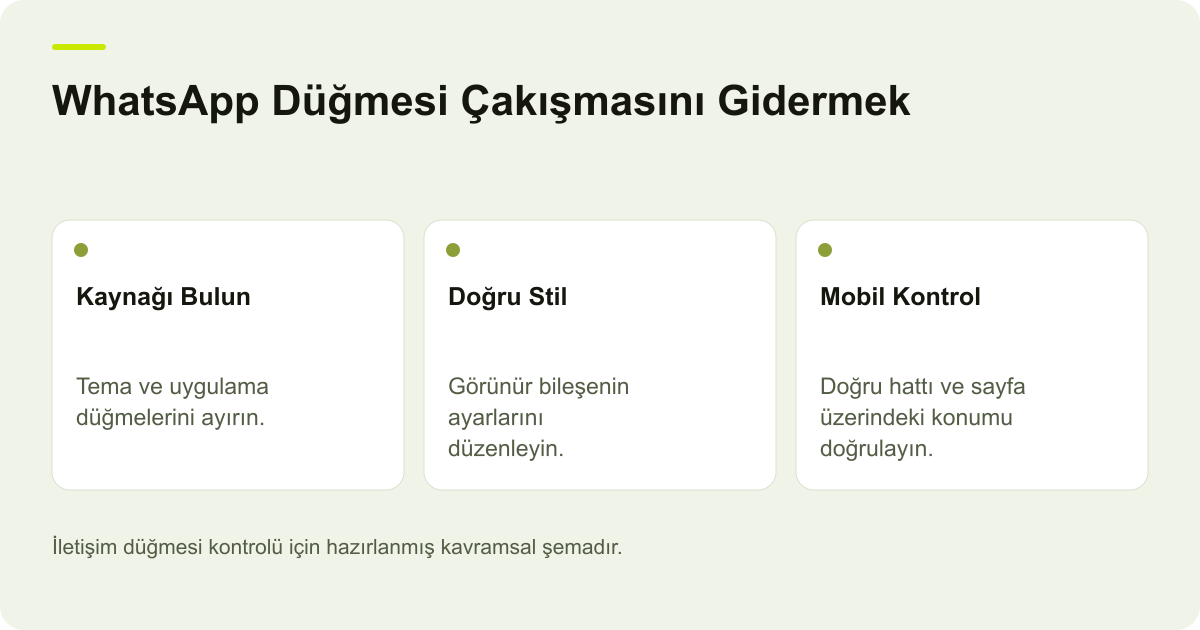 WhatsApp Düğmesi Çakışmasını Gidermek: Kaynağı Bulun — Tema ve uygulama düğmelerini ayırın.; Doğru Stil — Görünür bileşenin ayarlarını düzenleyin.; Mobil Kontrol — Doğru hattı ve sayfa üzerindeki konumu doğrulayın.