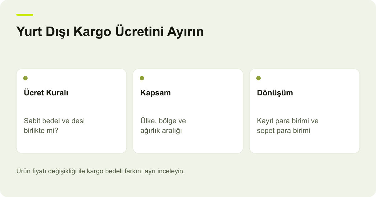 Yurt Dışı Kargo Ücretini Ayırın: Ücret Kuralı — Sabit bedel ve desi birlikte mi?; Kapsam — Ülke, bölge ve ağırlık aralığı; Dönüşüm — Kayıt para birimi ve sepet para birimi