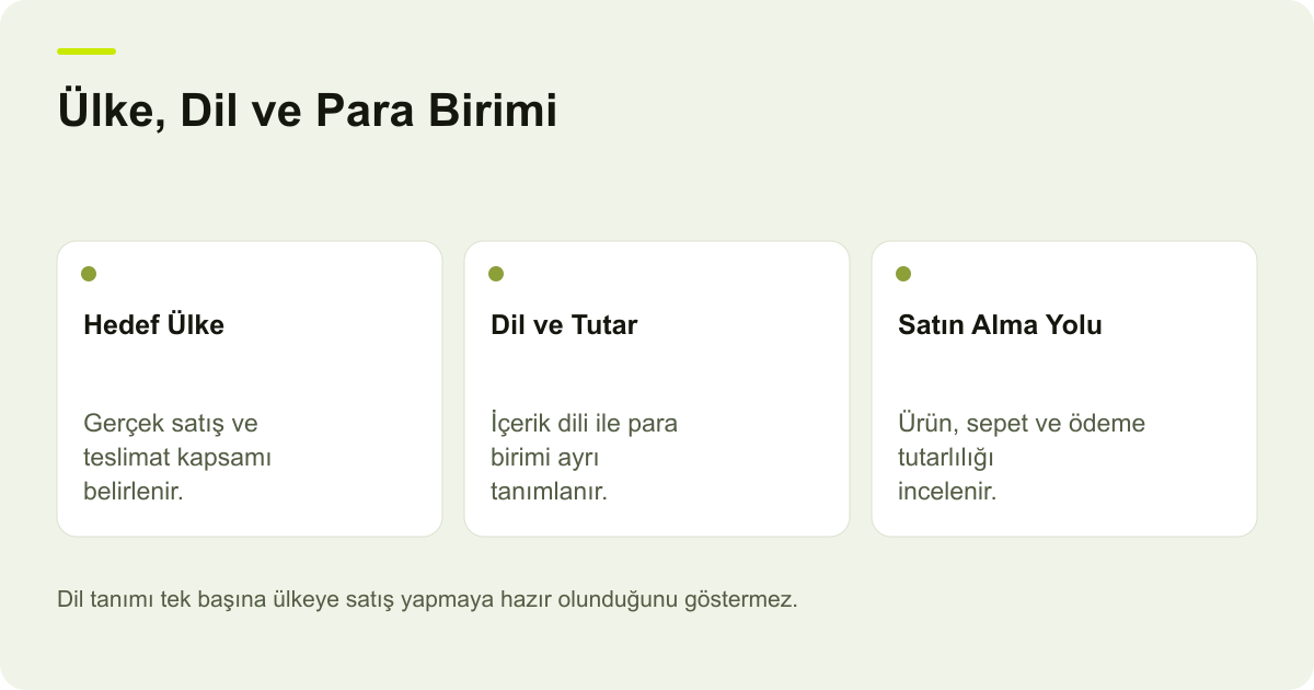 Ülke, Dil ve Para Birimi: Hedef Ülke: Gerçek satış ve teslimat kapsamı belirlenir., Dil ve Tutar: İçerik dili ile para birimi ayrı tanımlanır., Satın Alma Yolu: Ürün, sepet ve ödeme tutarlılığı incelenir.