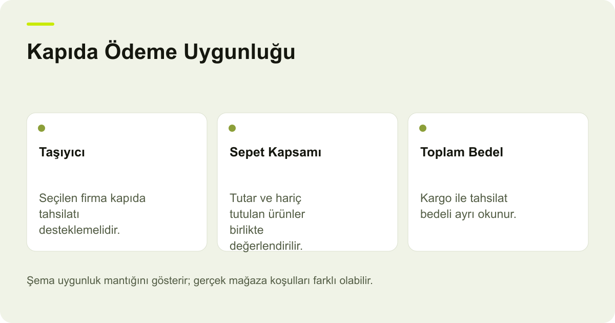 Kapıda Ödeme Uygunluğu: Taşıyıcı: Seçilen firma kapıda tahsilatı desteklemelidir., Sepet Kapsamı: Tutar ve hariç tutulan ürünler birlikte değerlendirilir., Toplam Bedel: Kargo ile tahsilat bedeli ayrı okunur.
