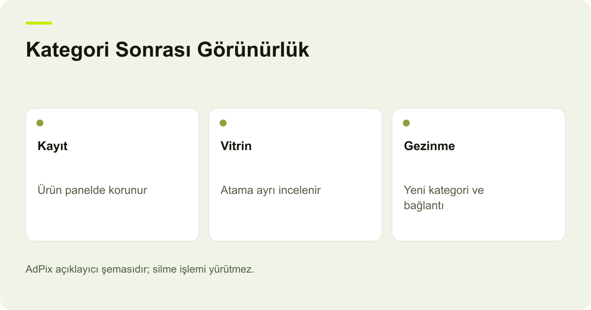 Kategori Sonrası Görünürlük: Kayıt — Ürün panelde korunur; Vitrin — Atama ayrı incelenir; Gezinme — Yeni kategori ve bağlantı