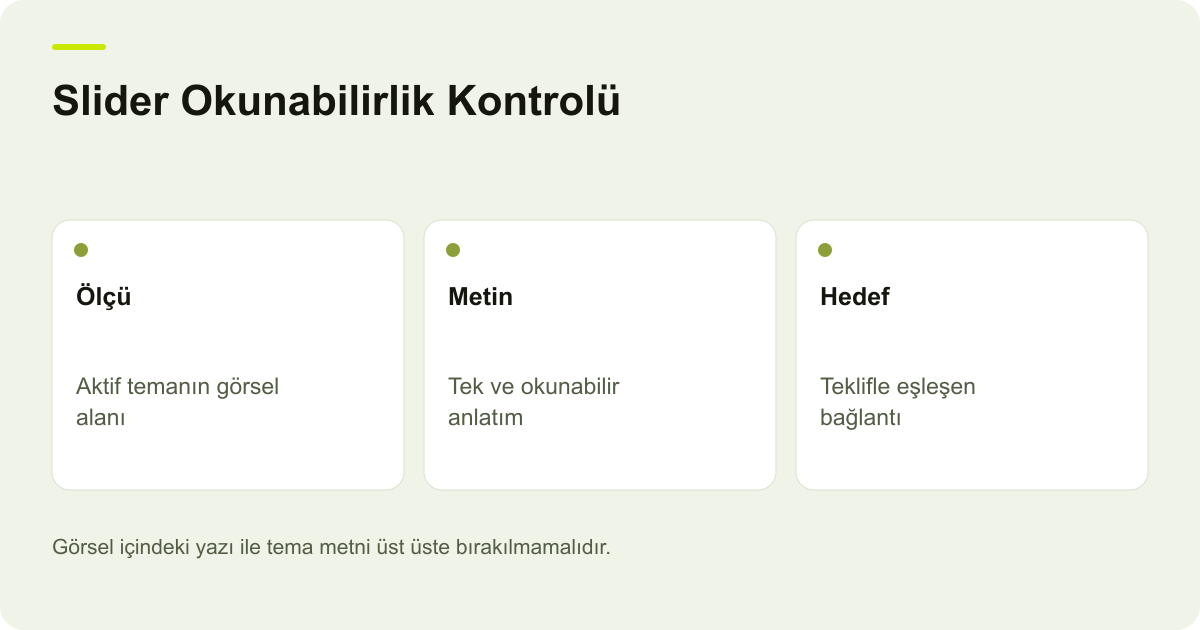 Slider Okunabilirlik Kontrolü: Ölçü: Aktif temanın görsel alanı, Metin: Tek ve okunabilir anlatım, Hedef: Teklifle eşleşen bağlantı