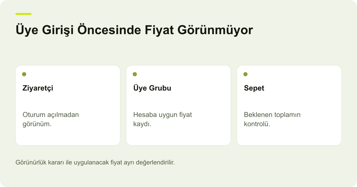 ideasoft Üye Girişi Öncesinde Fiyat Görünmüyor konusunda karar ve kayıt ilişkilerini gösteren açıklayıcı şema.