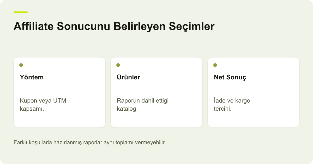 ikas Affiliate Raporunda Kupon, UTM ve Net Satış Kapsamı konusunda kayıt, kapsam ve sonuç ilişkisini açıklayan AdPix şeması.