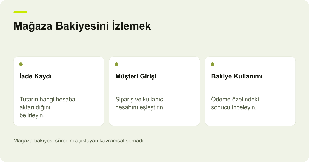 Mağaza Bakiyesini İzlemek: İade Kaydı — Tutarın hangi hesaba aktarıldığını belirleyin.; Müşteri Girişi — Sipariş ve kullanıcı hesabını eşleştirin.; Bakiye Kullanımı — Ödeme özetindeki sonucu inceleyin.
