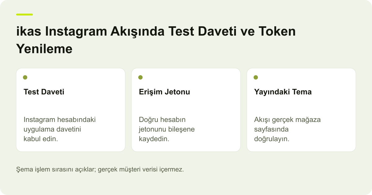 ikas Instagram Akışında Test Daveti ve Token Yenileme için kapsam, alan ve sonuç kontrolünü açıklayan şema.