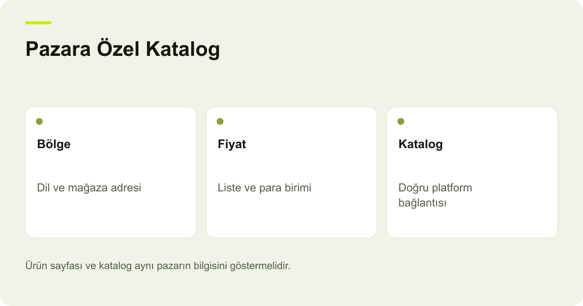 Pazara Özel Katalog: Bölge — Dil ve mağaza adresi; Fiyat — Liste ve para birimi; Katalog — Doğru platform bağlantısı