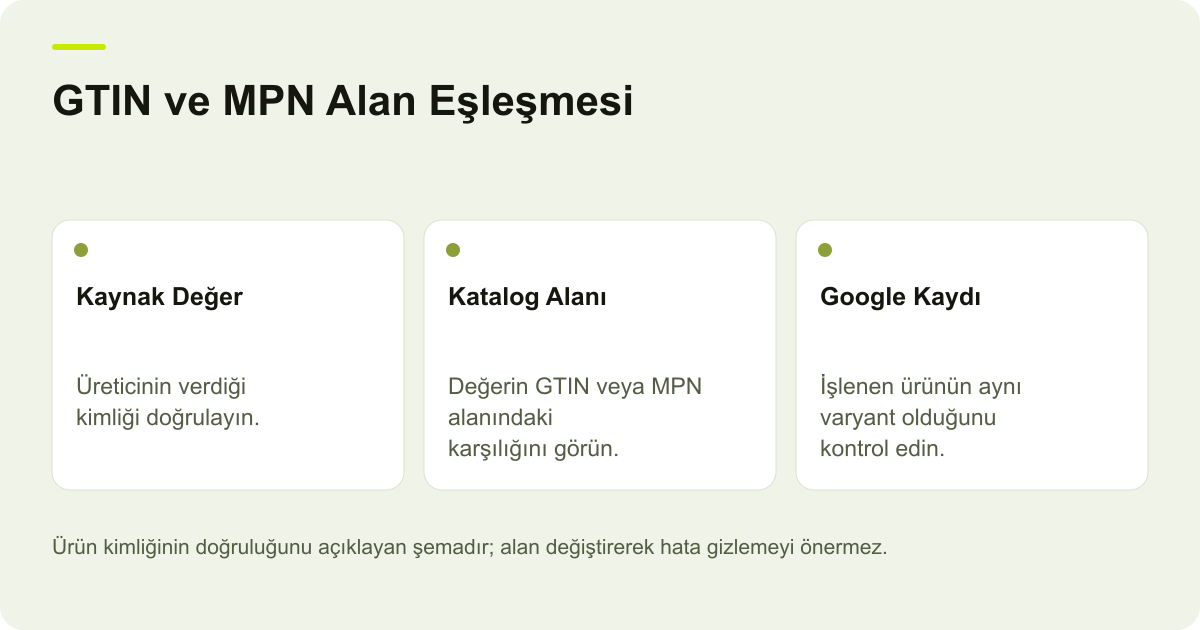 GTIN ve MPN Alan Eşleşmesi: Kaynak Değer — Üreticinin verdiği kimliği doğrulayın.; Katalog Alanı — Değerin GTIN veya MPN alanındaki karşılığını görün.; Google Kaydı — İşlenen ürünün aynı varyant olduğunu kontrol edin.