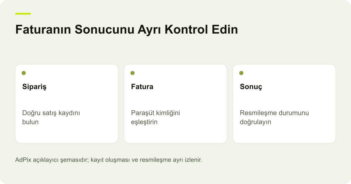 ikas sipariş numarasıyla Paraşüt fatura kimliğinin eşleştirilmesini ve resmileşme sonucunun kontrolünü anlatan açıklayıcı şema.