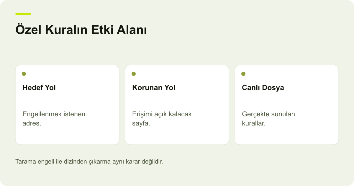 ikas Özel robots.txt Kuralından Sonra Tarama Sorunu konusunda kayıt, kapsam ve sonuç ilişkisini açıklayan AdPix şeması.