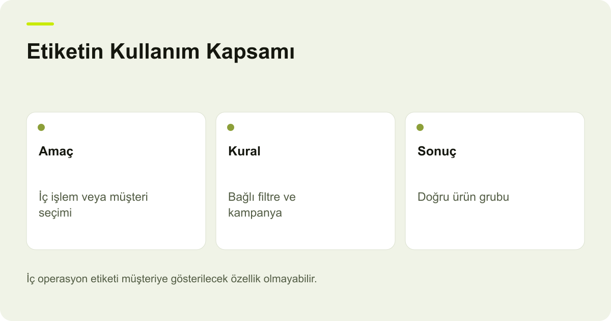 Etiketin Kullanım Kapsamı: Amaç: İç işlem veya müşteri seçimi, Kural: Bağlı filtre ve kampanya, Sonuç: Doğru ürün grubu