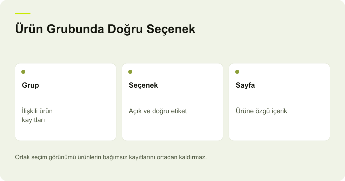 Ürün Grubunda Doğru Seçenek: Grup: İlişkili ürün kayıtları, Seçenek: Açık ve doğru etiket, Sayfa: Ürüne özgü içerik