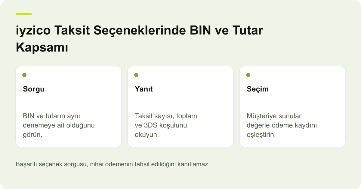 iyzico Taksit Seçeneklerinde BIN ve Tutar Kapsamı için kapsamı ve doğrulanacak kayıtları gösteren özgün açıklayıcı şema.