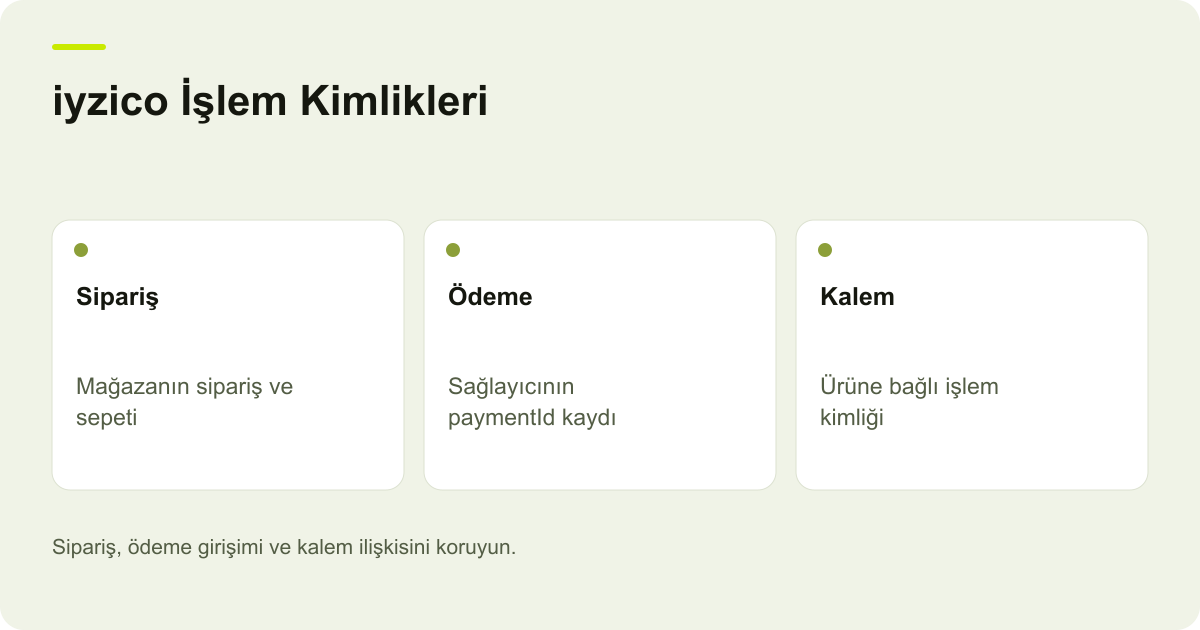 iyzico İşlem Kimlikleri: Sipariş: Mağazanın sipariş ve sepeti, Ödeme: Sağlayıcının paymentId kaydı, Kalem: Ürüne bağlı işlem kimliği