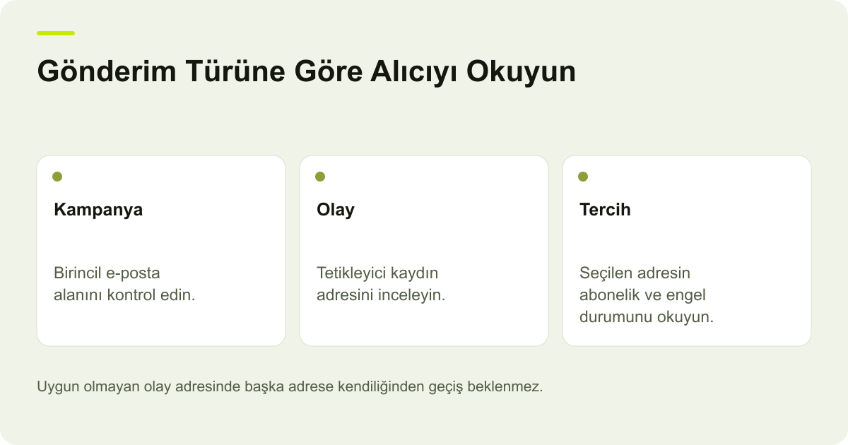 Klaviyo Çok E-Postalı Profilde Gönderim Adresi konusunda incelenecek alanları ve işlem sonucunu açıklayan özgün AdPix çizimi.