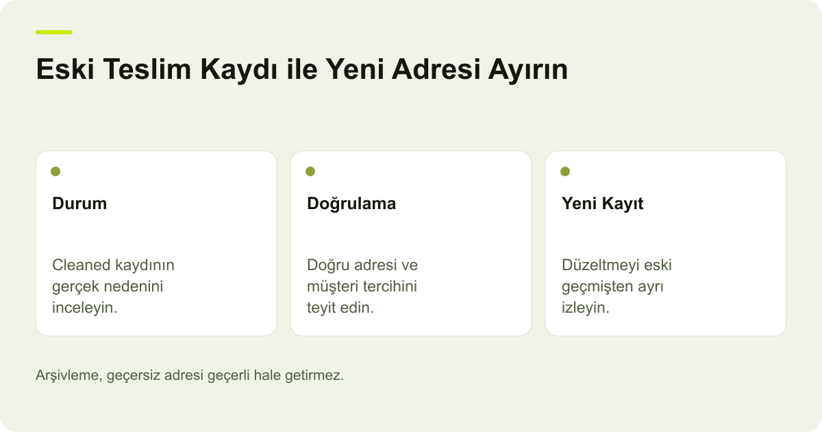 Mailchimp Cleaned Kaydında Yanlış Adres Düzeltmesi konusunda incelenecek alanları ve işlem sonucunu açıklayan özgün AdPix çizimi.