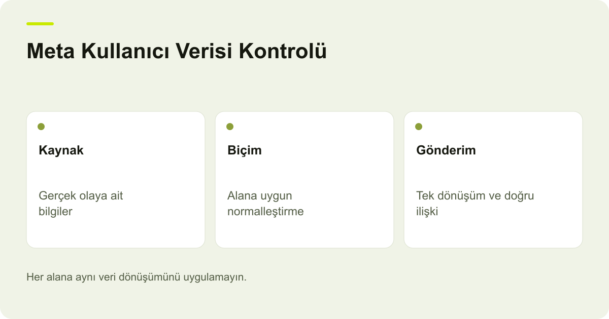 Meta Kullanıcı Verisi Kontrolü: Kaynak: Gerçek olaya ait bilgiler, Biçim: Alana uygun normalleştirme, Gönderim: Tek dönüşüm ve doğru ilişki