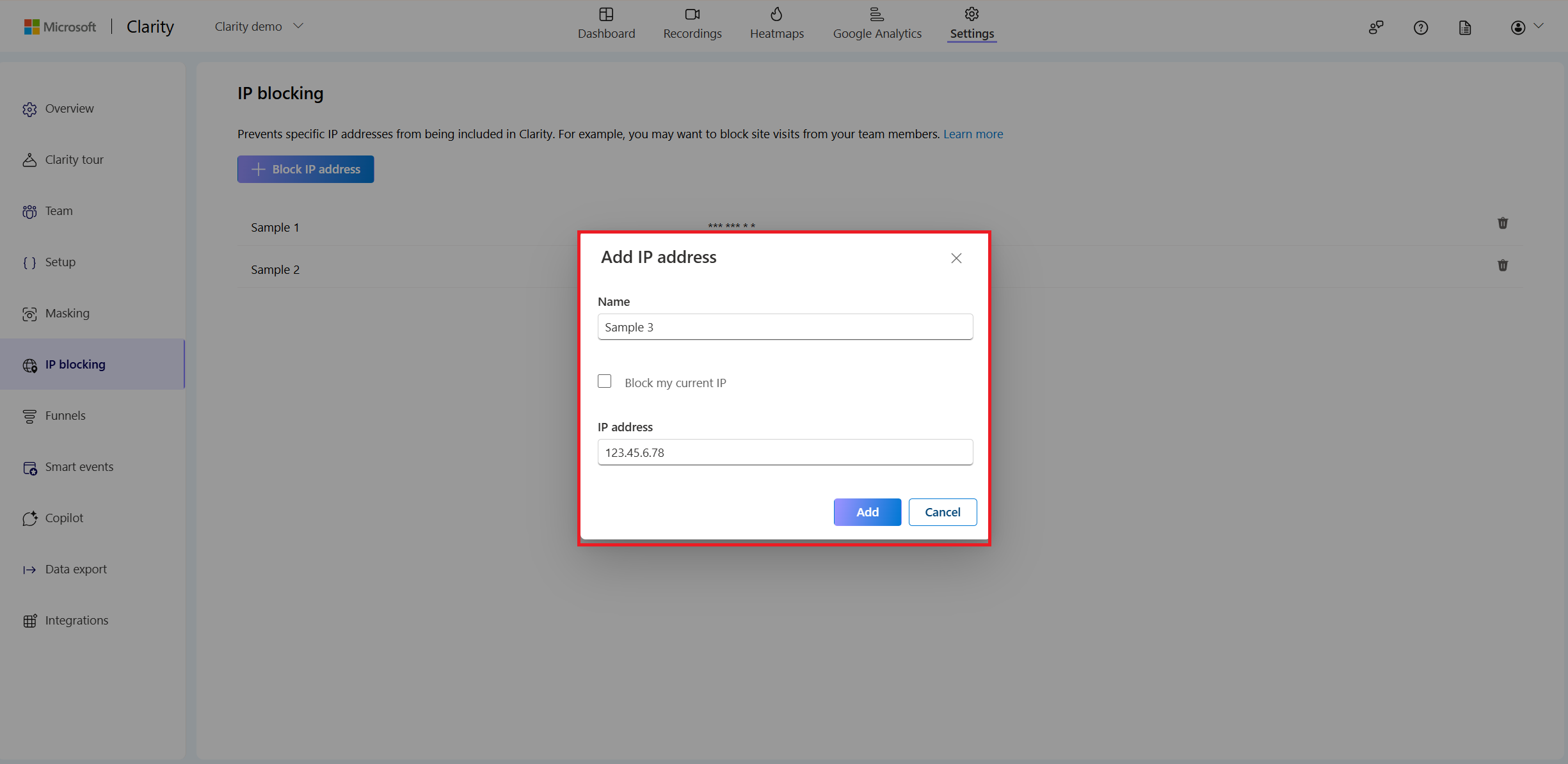 Clarity IP Engelleme Kaydı: resmî yardım belgesinde görünen ilgili alan ve seçimler.
